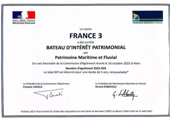 FRANCE 3 Awarded Bateau d'Intérêt Patrimonial