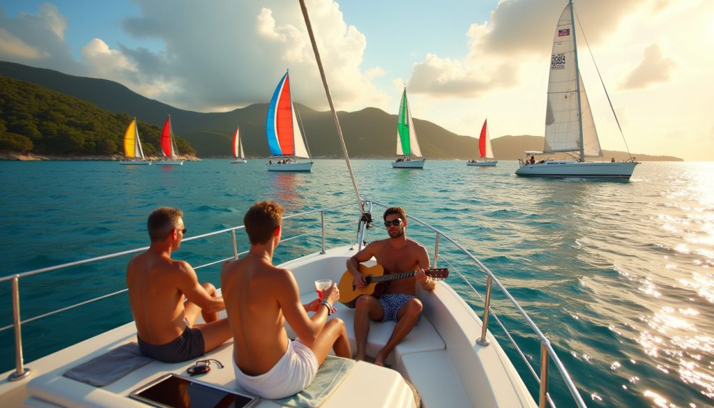 アンティグア・セーリング・ウィークのお祭りやイベントのヨット体験で、レーシングヨットをバックにヨットに乗る人々。