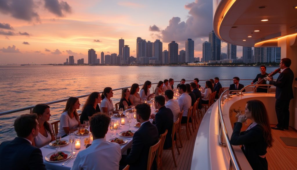 Client dinner during a corporate event on board a yacht with Miami skyline at sunset.