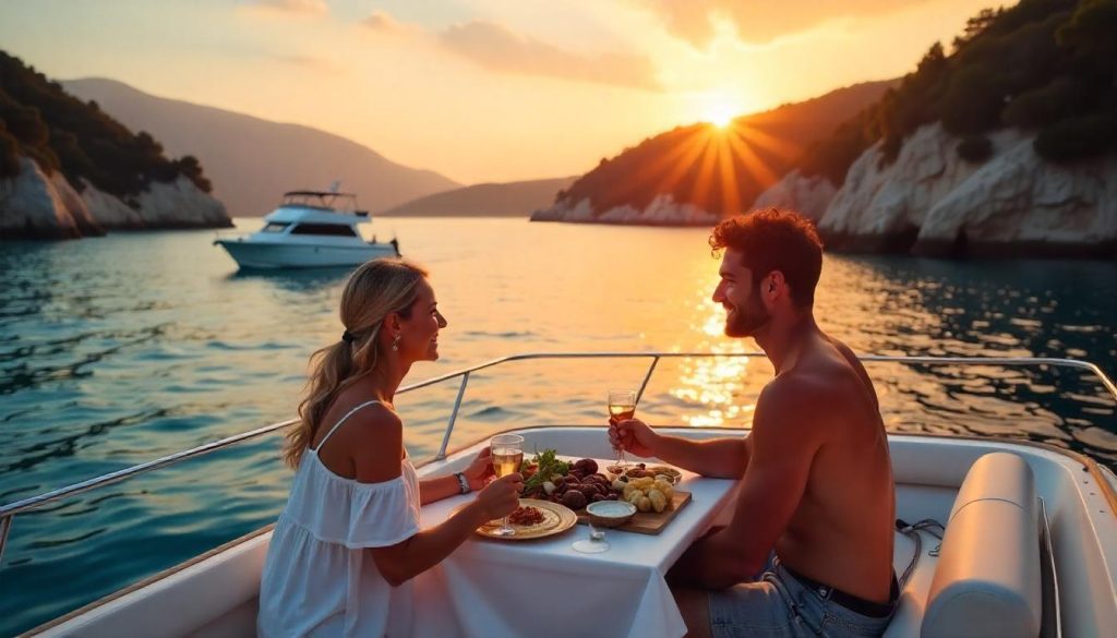 Paar op een jacht tijdens het zeilen in Turkije op de Egeïsche Zee bij Kuşadası, delen meze bij zonsondergang.