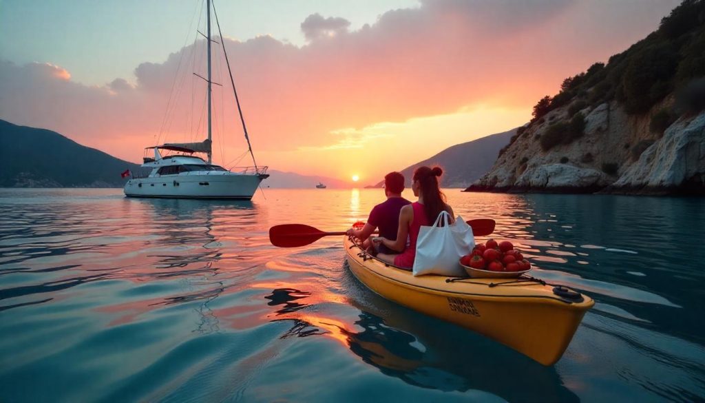 Couple kayaking during ecotourism on a yacht in Turkey in Üçağız Bay, with local produce and sunken ruins at sunset.