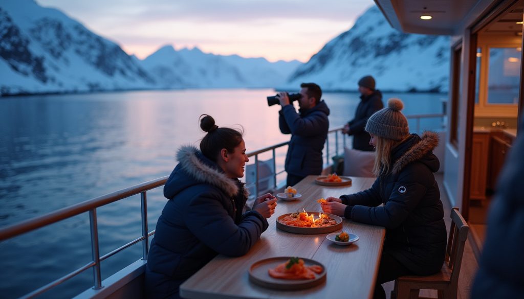 Guests on a hybrid yacht during eco-tourism on a yacht in Lofoten, surrounded by fjords and wildlife.