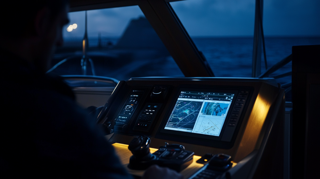 Regras básicas de segurança em iates para principiantes ilustradas através de uma cena de emergência nocturna com uma tripulação a comunicar via rádio VHF.