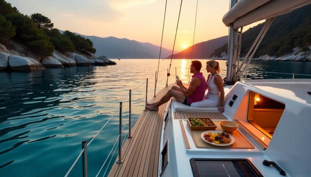 Ehepaar auf einem Einrumpfboot bei der Auswahl einer Yacht in der Türkei in der Bucht von Bedri Rahmi, mit Sonnenkollektoren bei Sonnenuntergang.