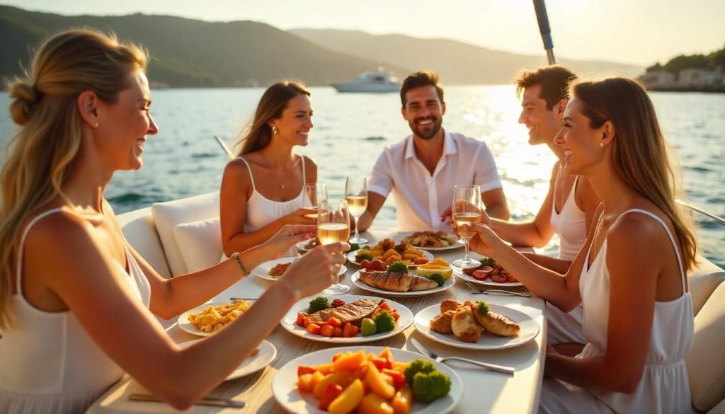 一群朋友在游艇甲板上享受美食,菜肴丰富多彩,海景尽收眼底。