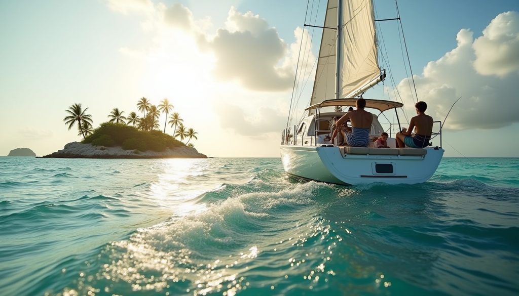 Gezin op een jacht tijdens een lange zeiltocht in het Caribisch gebied, waarbij de een stuurt en de ander vist.
