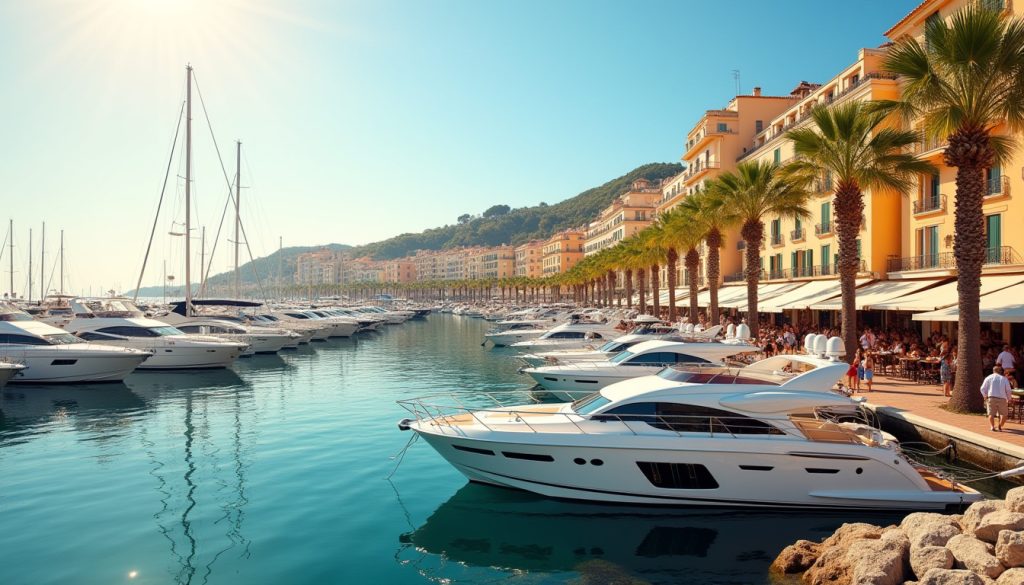 Найкращі місця для оренди яхт Середземномор'я. Розкішні яхти в гламурній марині на Французькій Рив'єрі під полуденним сонцем.
