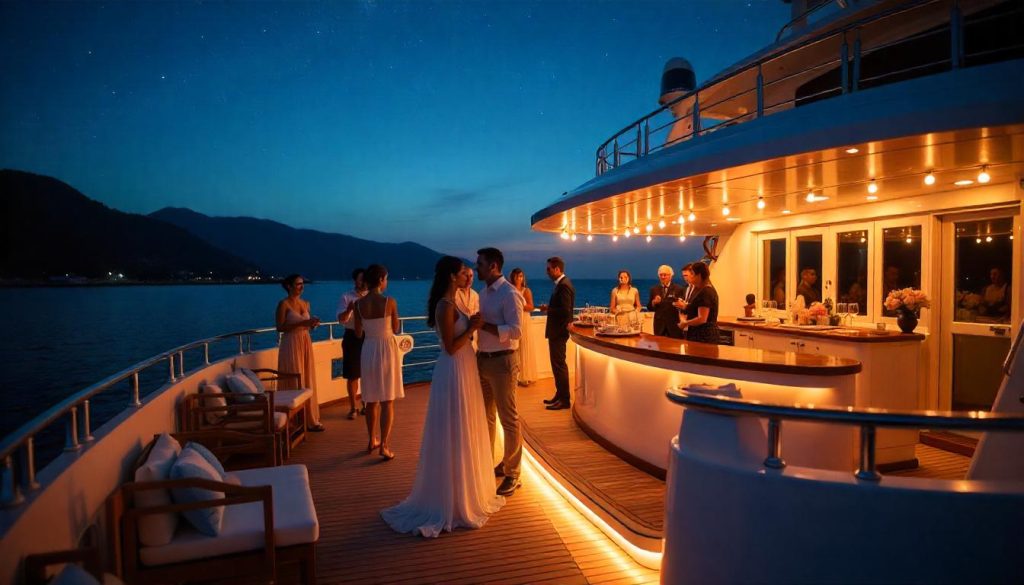 Luxuriöser Hochzeitsempfang auf einer Yacht mit Tanz, Essen und Lichterketten unter dem Sternenhimmel.