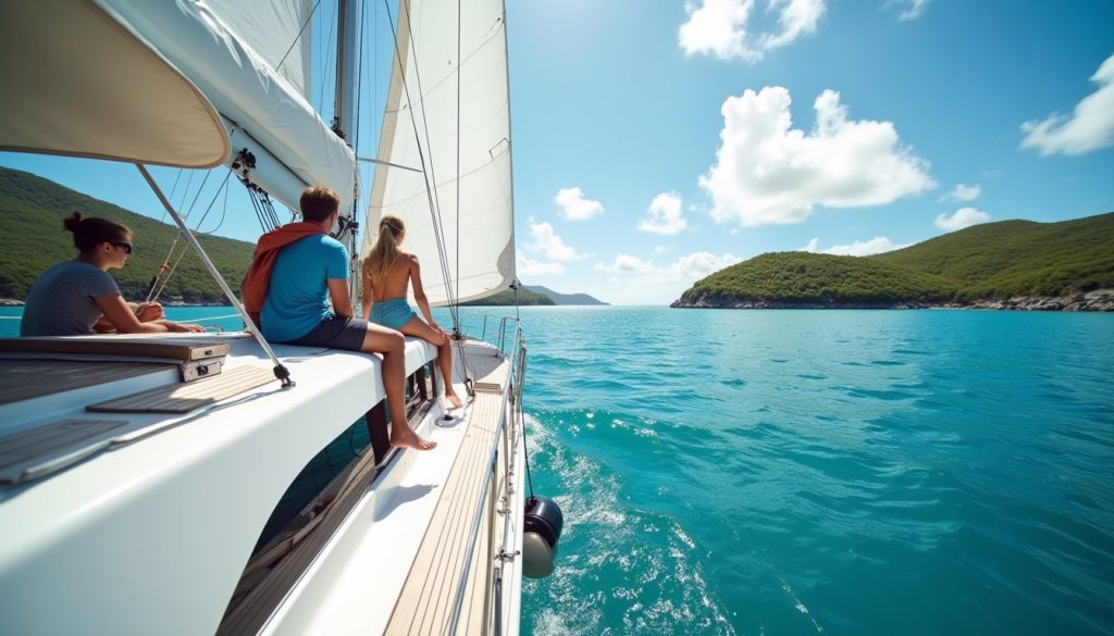 Group sailing a yacht while chartering a yacht bareboat near Tortola with green islands in the background.
