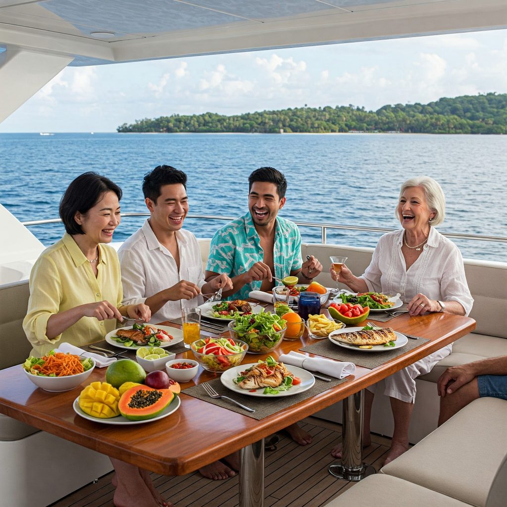 مجموعة تستمتع بتناول وجبة صحية على متن يخت، وعرض اليخوت والصحة.