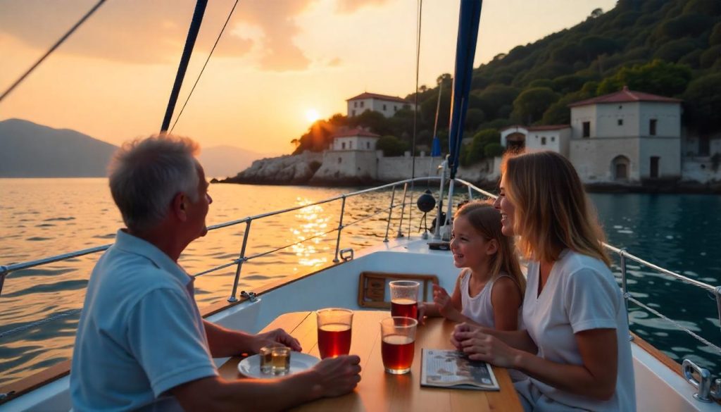 Family on a yacht during yachting in Turkey Lycian historical routes in Gemiler Bay, sipping tea with ruins at sunset.