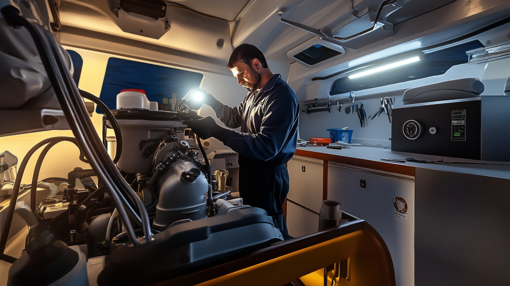 Tecnico che ispeziona il motore di uno yacht per preparare l'imbarcazione alla stagione.