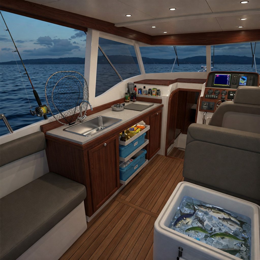Intérieur d'un yacht de pêche, équipé d'une cuisine, de sièges et de rangements pour le matériel de pêche.