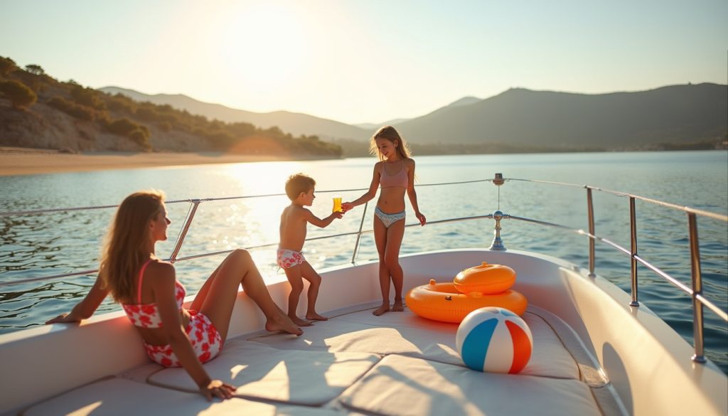 Yachting and Kids: kids playing with inflatable toys on a motor yacht deck in the Mediterranean.