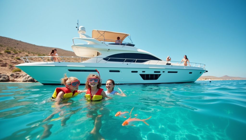 Iate perfeito para uma família: crianças a fazer snorkeling à volta de um iate a motor no Mediterrâneo.