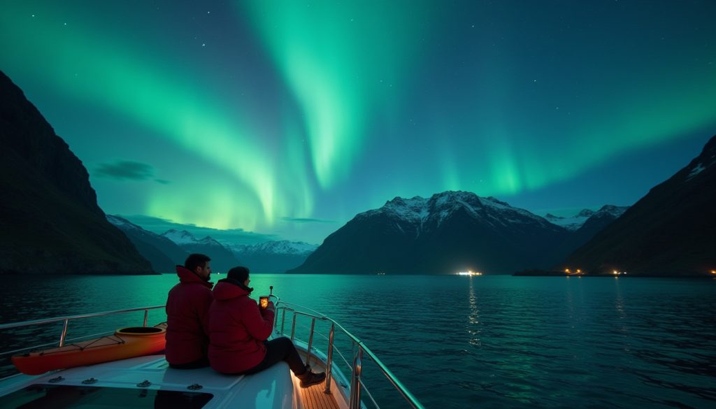 Couple on a yacht during yachting in the Arctic in Greenland, viewing the Northern Lights over a fjord.