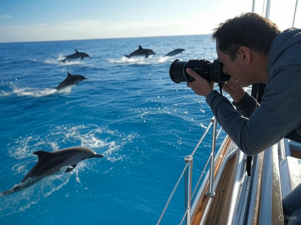 Фотограф снимает морскую жизнь с яхты, делая акцент на дельфинах, выпрыгивающих из воды.