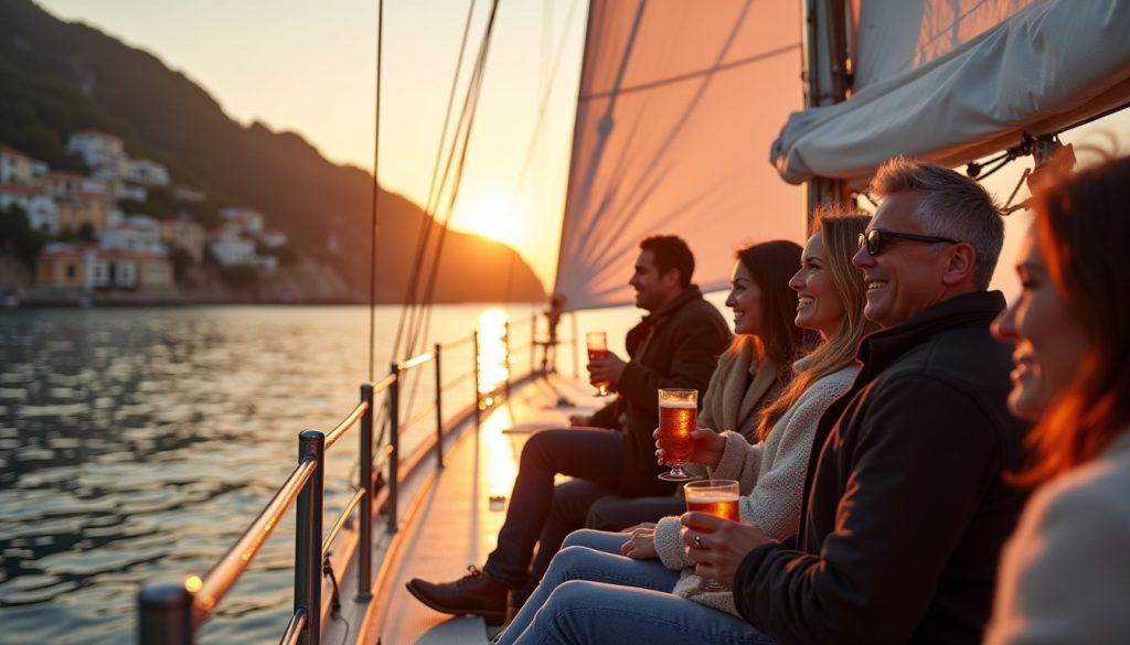 Yachts pour les vacances du Nouvel An sur un voilier naviguant au coucher du soleil le long de la côte amalfitaine.