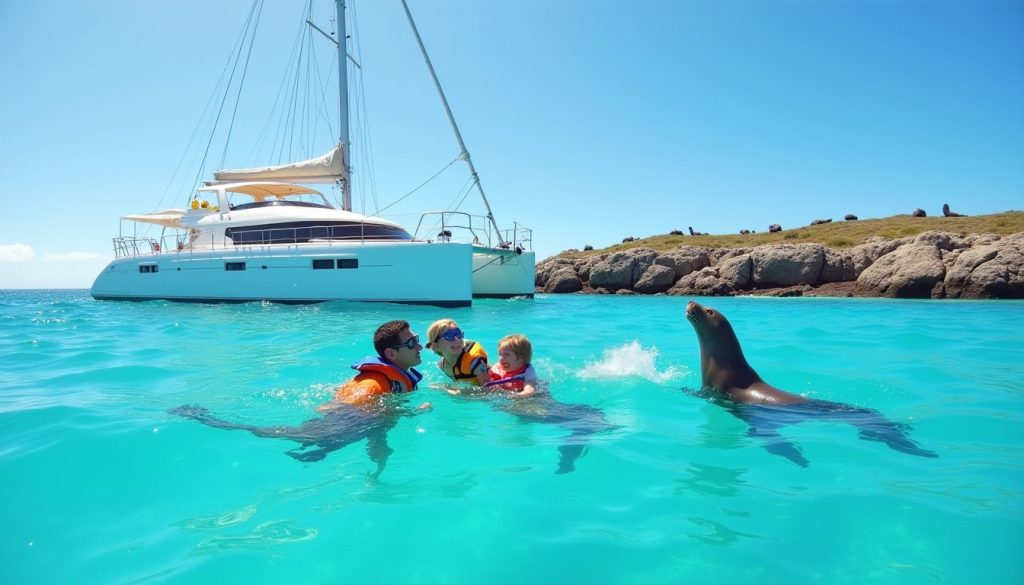 Yachting and Nature: a family snorkeling near a sailing yacht with sea lions in the Galápagos.
