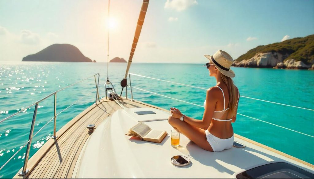 Alleinreisender, der sich auf einer Yacht entspannt und die ruhigen Gewässer und die malerische Aussicht genießt.