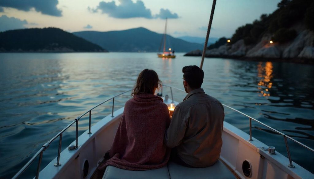 Pariskunta jahdilla romanttisilla purjehdusretkillä Turkissa Üçağızin lahdella siemailemassa teetä, kun uponneita raunioita on näkyvissä.