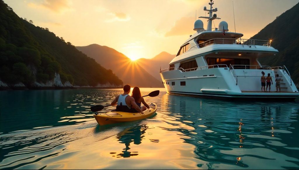 Couple kayaking near a yacht at sunset, showcasing yachting and water sports.
