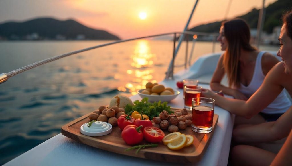 Family on a yacht during yachting in Turkey gastronomic journey in Üçağız Bay, sharing meze with sunken ruins at sunset.