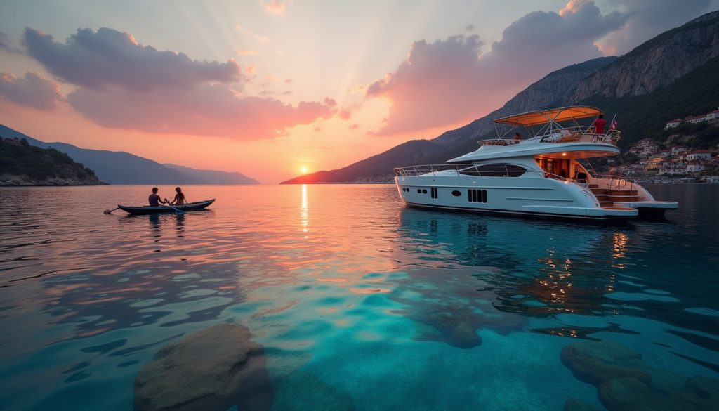 夕暮れ時、ケコヴァ近郊のヨットに乗ったカップル。トルコ有数のヨット・スポットで、沈没した都市遺跡がある。