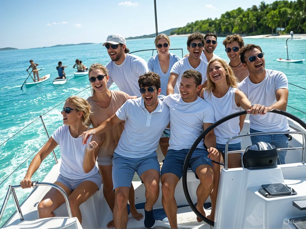 Impreza integracyjna na jachcie z kolegami uczestniczącymi w zabawnych zajęciach.