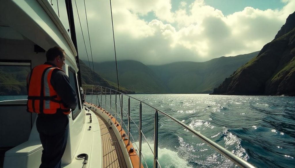 Yacht at Ilhéu de Vila Franca during yachting safety Portugal, with a captain checking depth and the crater walls in the background.