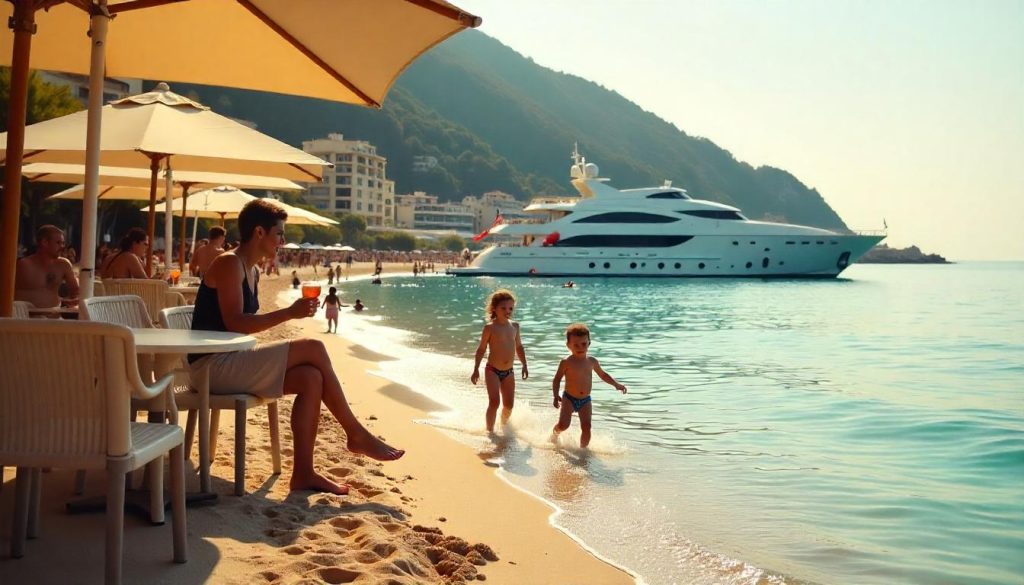 Family at Larvotto Beach during Monaco’s glamour, paddleboarding with a yacht and upscale cafes in the background.