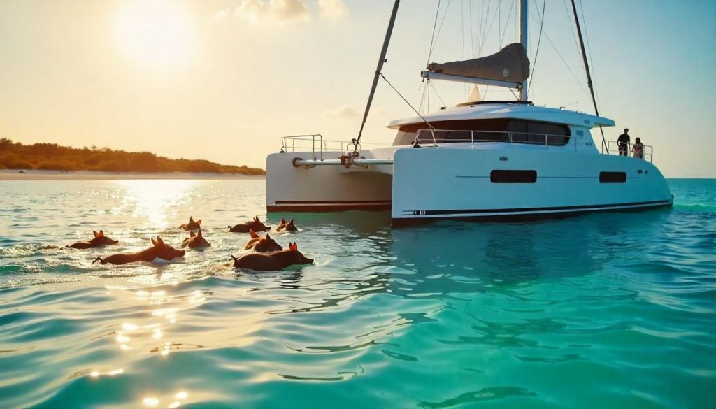 2025년 카리브해 요트를 강조하는 피그 비치 인근의 선리프 80 요트.