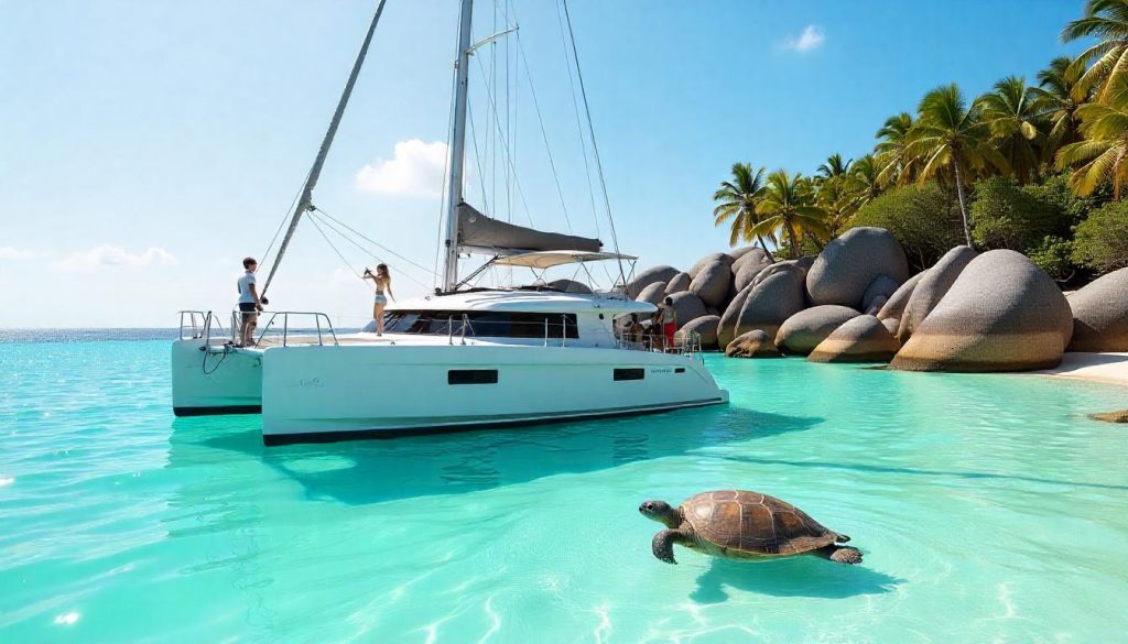 Lagoon 46 catamaran off Anse Source d’Argent, highlighting Seychelles anchorages in 2025.
