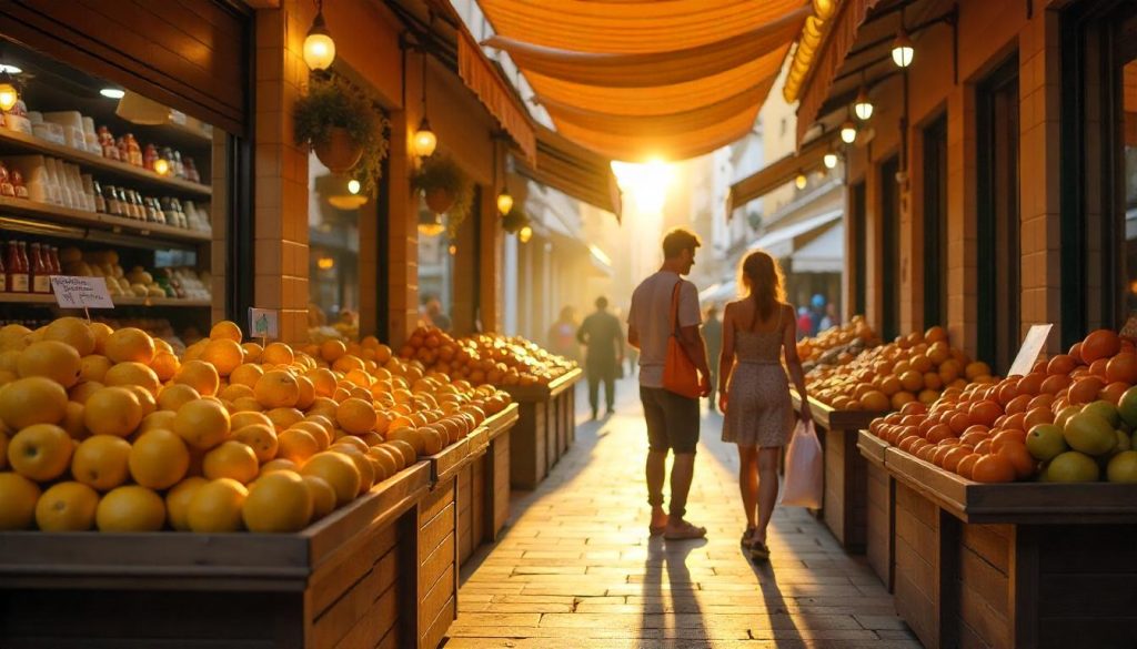 Vendor stalls at Les Halles Market in Menton during Provencal markets Côte d'Azur, with lemons and marmalade on display.