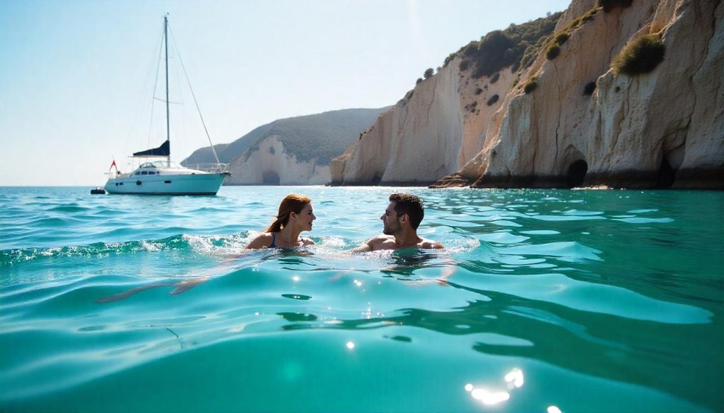 Yacht vid Arrábida under segling Sado Estuary delfiner, med ett par som snorklar och klippor i bakgrunden.
