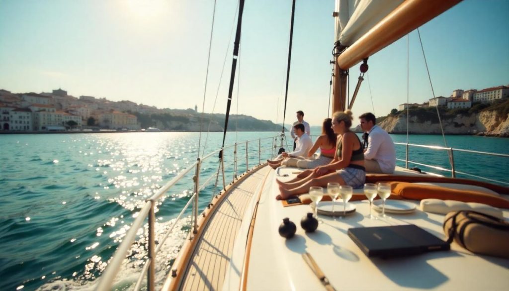 Yacht on the Tagus during yachting wine tasting Portugal, with a group tasting wine and Lisbon’s skyline in the background.