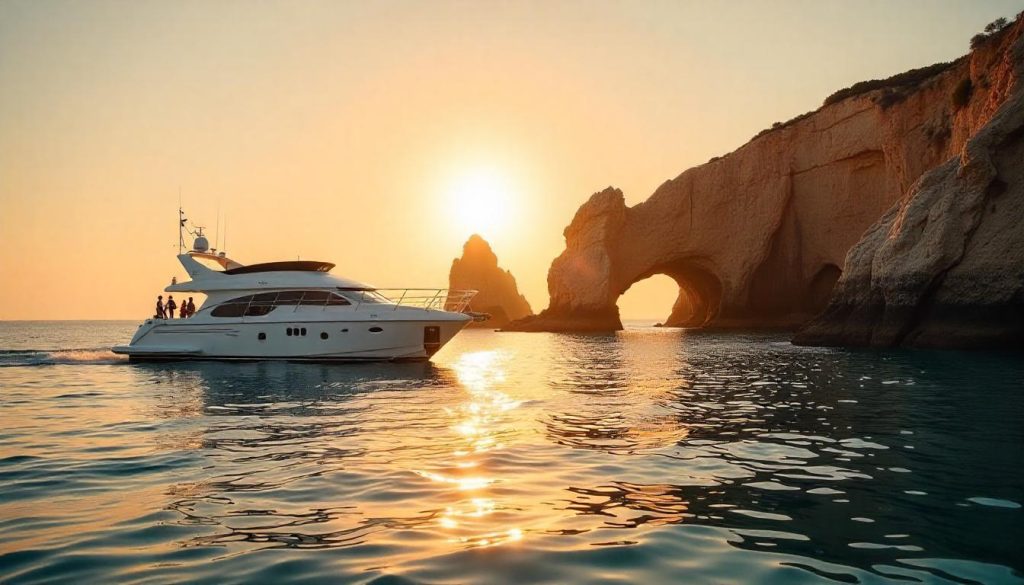 Yacht in Ría de Ribadeo during best beaches yachting Spain, with a couple on the deck and Playa de las Catedrales in the background.