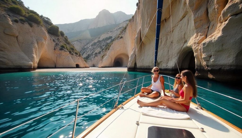 Yacht at Sa Calobra during discovering hidden coves yachting Mallorca, with friends on deck and steep cliffs in the background.