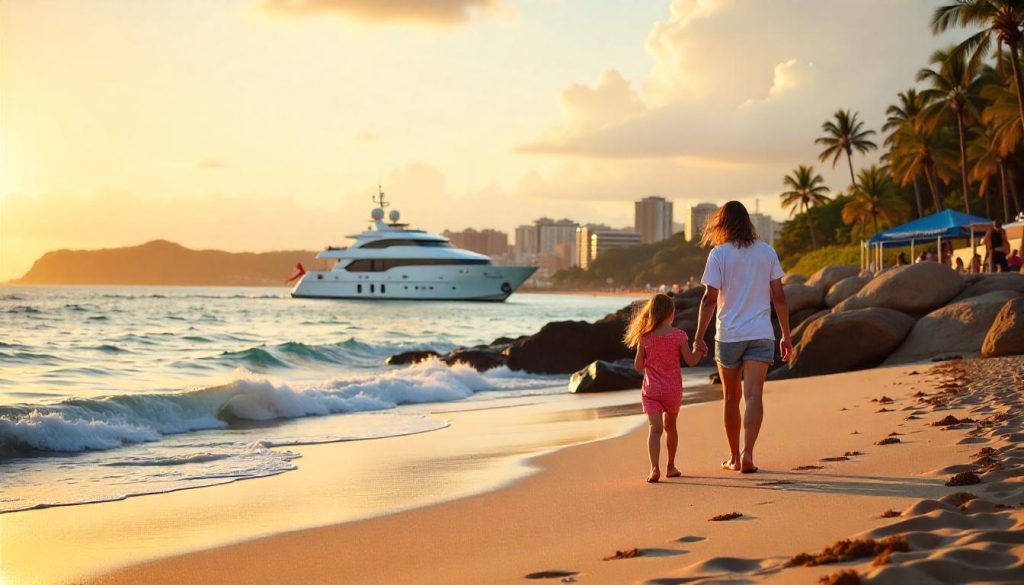 Family on Durban’s beachfront with a yacht in the harbor, enjoying a yachting South Africa Cape Town Durban adventure.