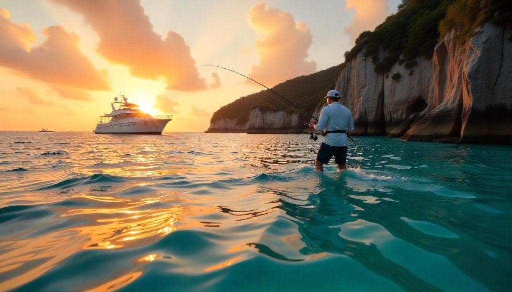 Yacht off Praslin during yachting fishing best spots, with an angler fly fishing and granite boulders in the background.