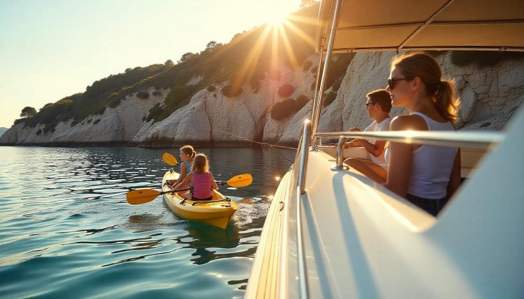 Dubrovnik'te bir motor yatta aile, kano ve balık tutma, en iyi yat kiralama aileleri Akdeniz macerası sırasında.