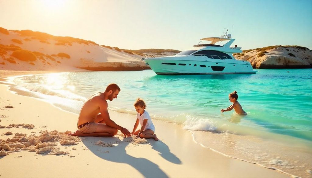 Family at Playa de Ses Illetes during family-friendly yachting Spain, building sandcastles with a yacht and dunes in the background.