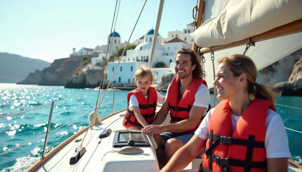 Family on sailboat to plan multi-day sailing adventure in Santorini 2025.