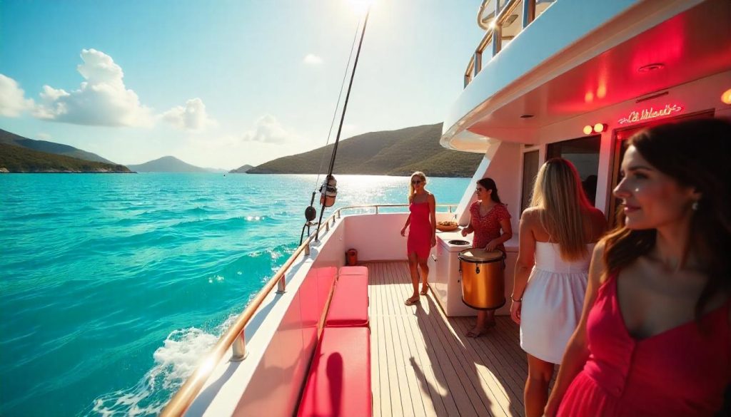 Yacht off St. Thomas during rent yacht wedding celebration, with a birthday party and turquoise waters in the background.