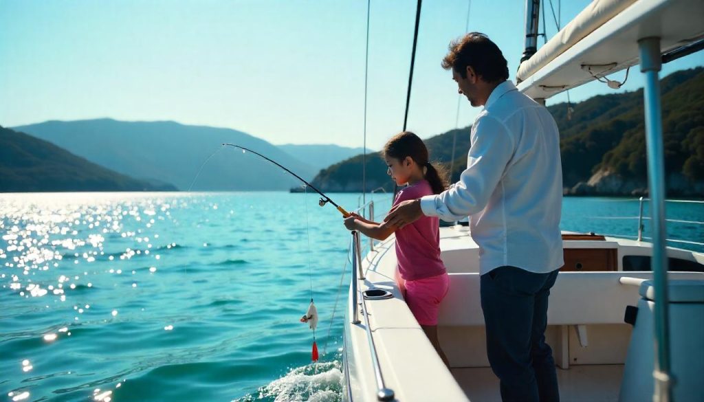 Family fishing from a yacht near Shodoshima’s olive hills, enjoying a yachting Japan Seto Inland Sea trip.