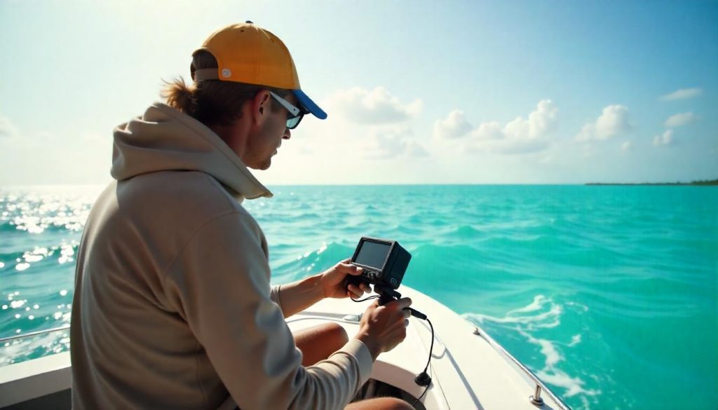 Yacht off Bimini during modern technologies yachters, with an angler using a fish finder and turquoise waters in the background.