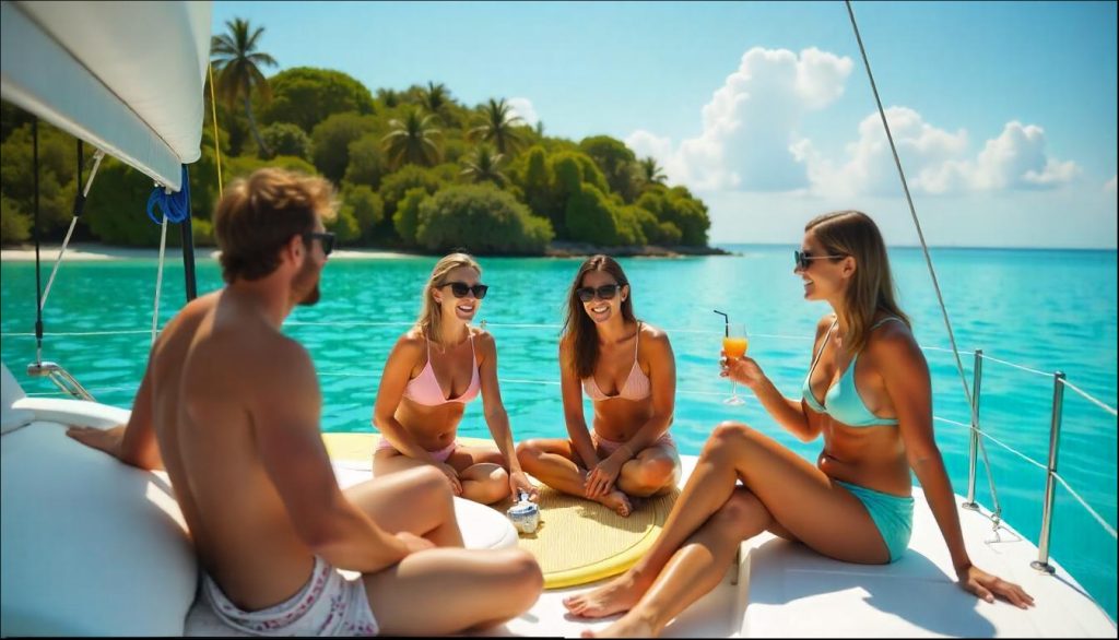 Friends on catamaran deck to choose perfect yacht charter in Bahamas 2025.