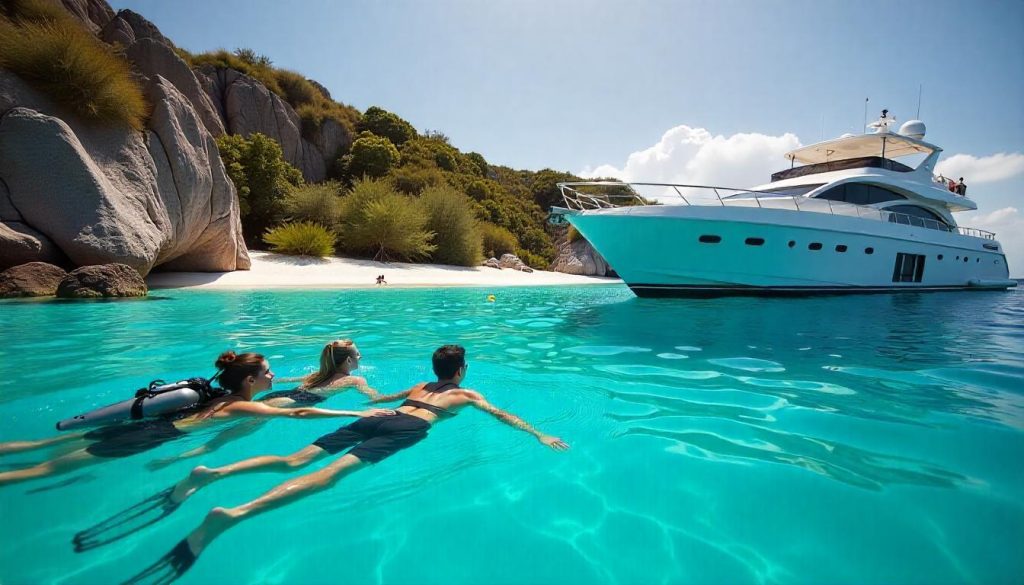Friends snorkeling near yacht for top luxury boat rentals in Seychelles 2025.