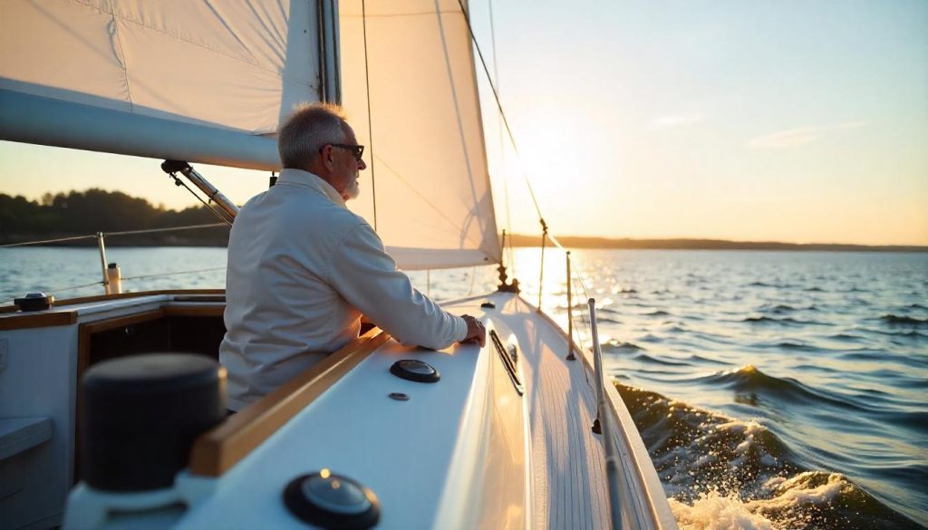 Yacht in Chesapeake Bay during yachting for beginners, with a sailor at the helm and the shoreline in the background.