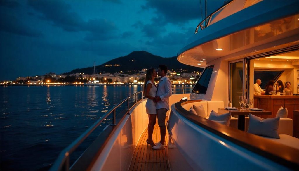 Jachta v Puerto Banús během nočního jachtingu Španělsko, s párem na palubě a světly přístavu v pozadí.